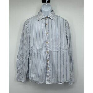 Pronto Uomo Mens Blue/White/Beige Striped Long Sleeve Button-Up Shirt L 100% Cot